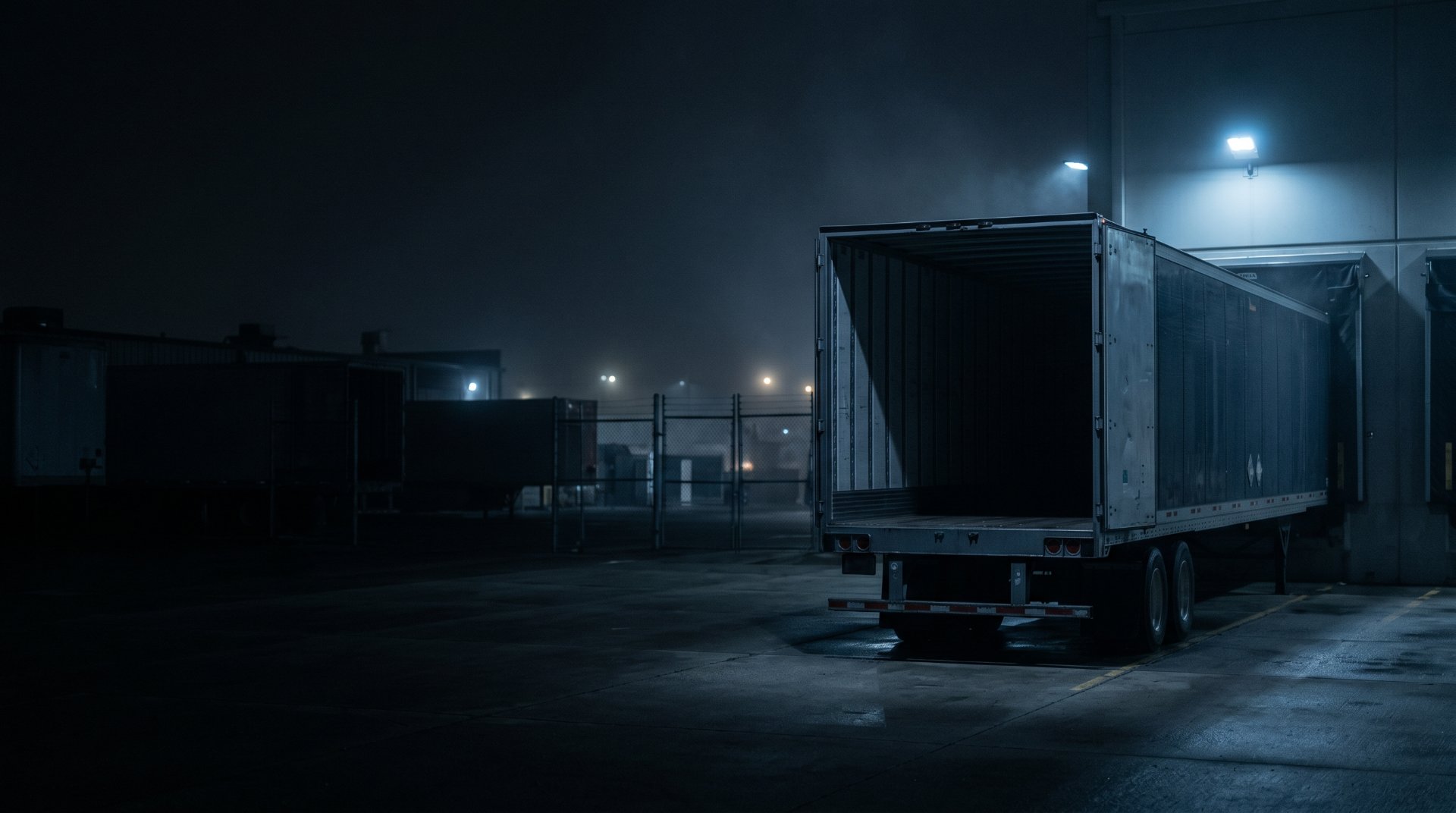 A stalled empty trailer at a depot loading bay at night, doors open