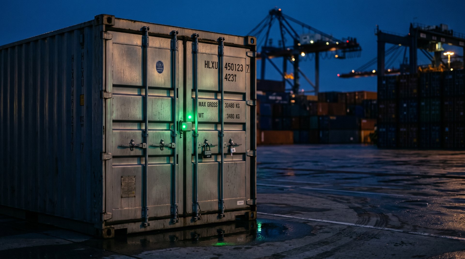 Sealed high-value container on a port apron at dusk, a green status light on the e-seal