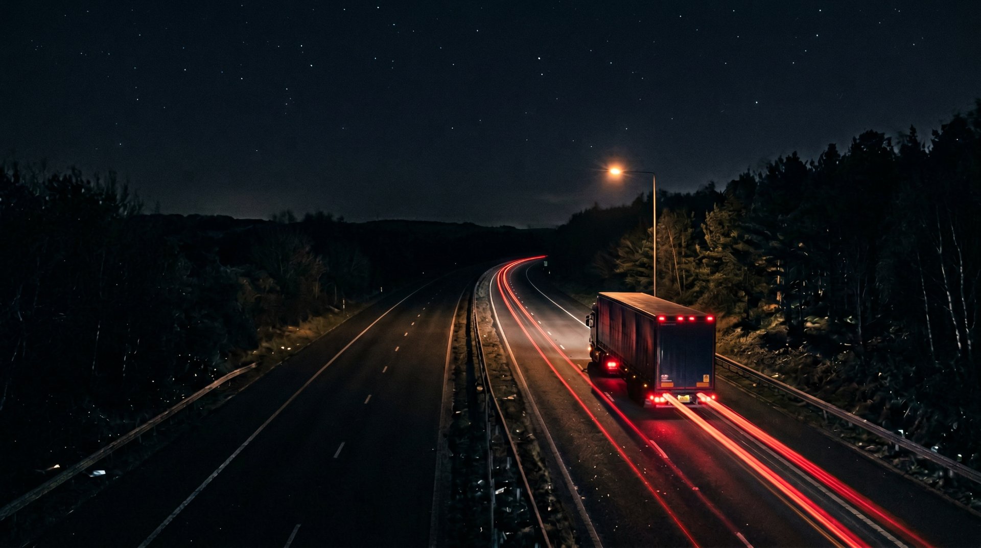 A lone freight truck on an empty motorway at night
