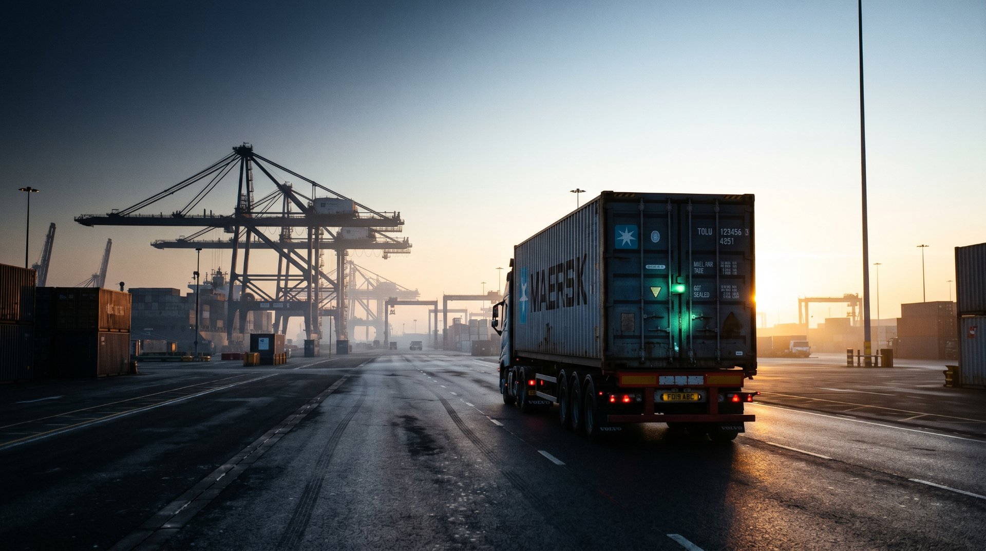Sunrise over a working port, a sealed load departing toward the horizon