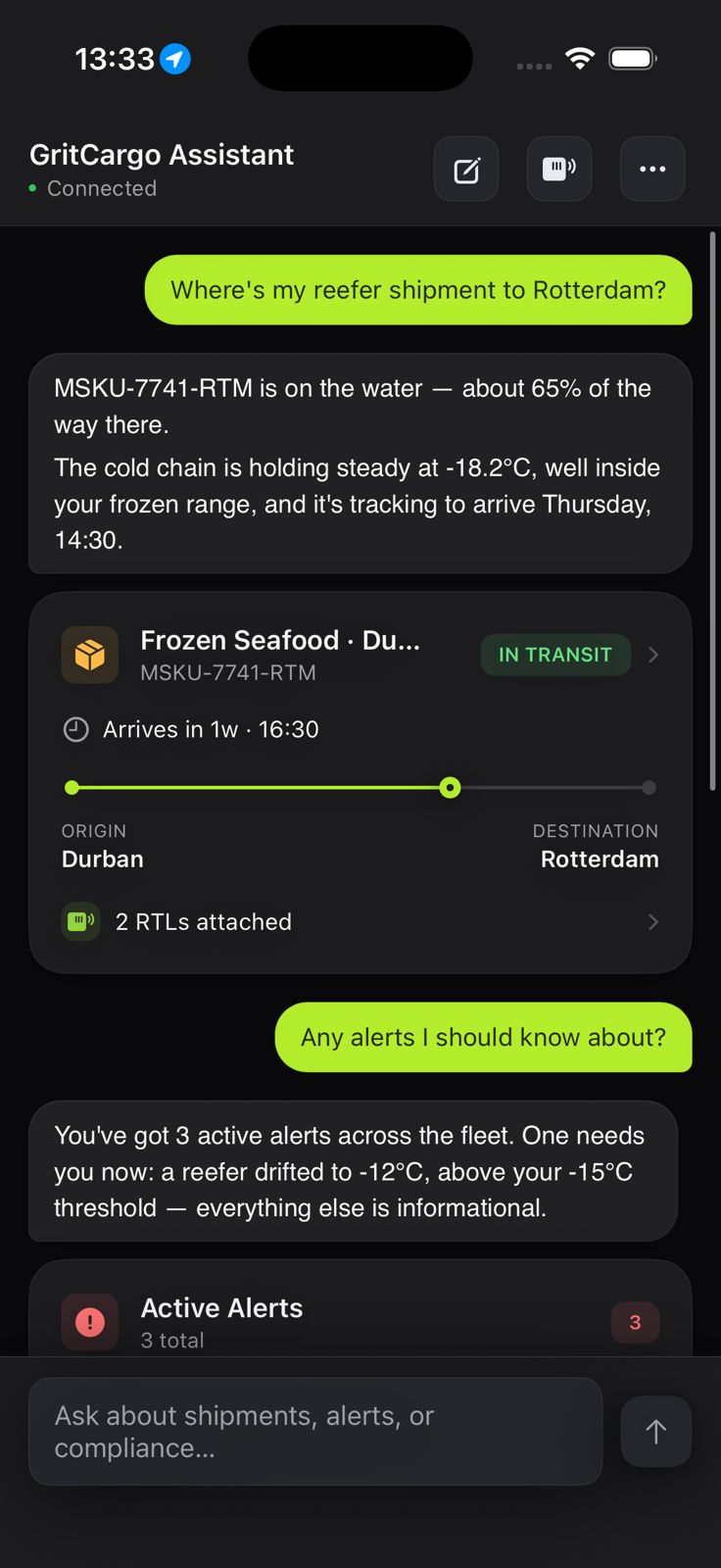GritCargo Assistant chat showing a live shipment briefing and alerts